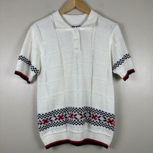Cape Cod Women's Medium Knit Polo Shirt White Fair Isle Geometric Vintage
